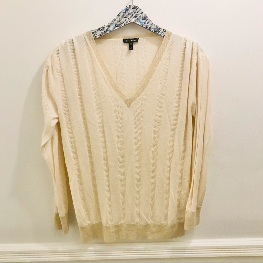 Escada Cashmere Silk Sweater medium cream gold metallic v-neck